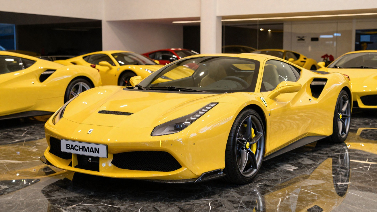 Carro desportivo amarelo Ferrari estacionado em showroom com outros carros ao fundo.