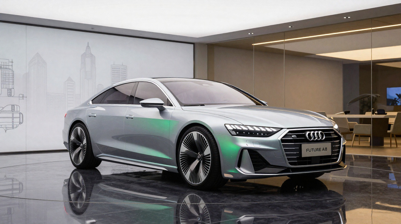 Carro elétrico Audi futurista prateado numa sala de exposições moderna com chão brilhante.