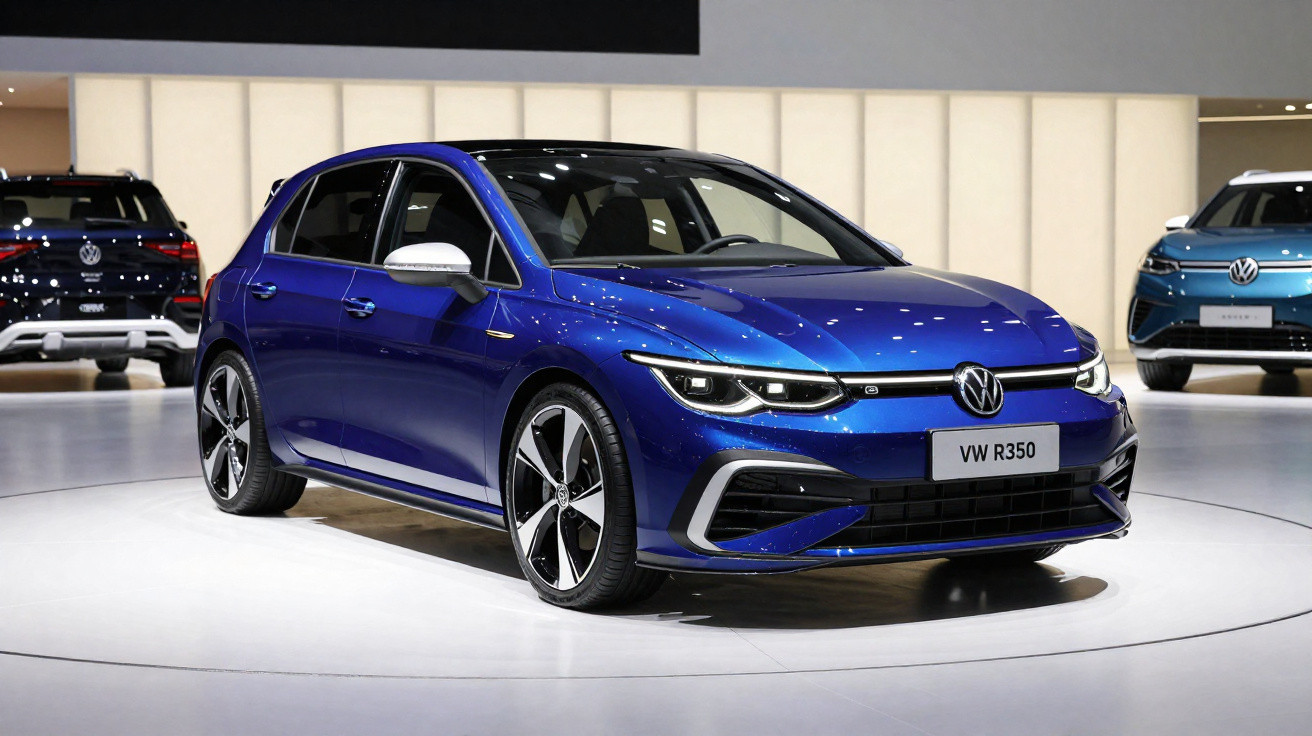 Automóvel VW R350 azul metálico em exposição num salão automóvel, com iluminação destacada.