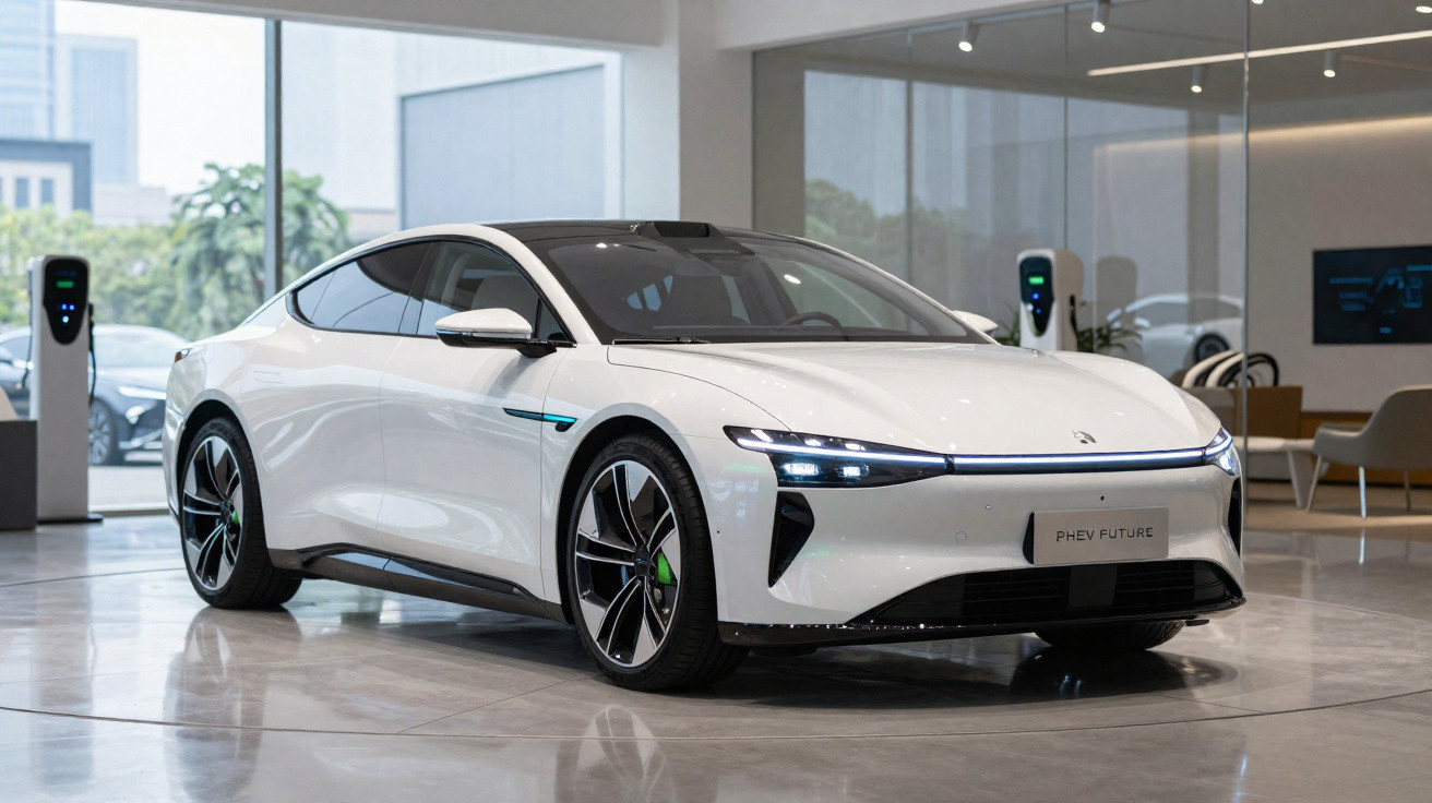 Carro elétrico branco moderno com linhas aerodinâmicas estacionado no interior de uma sala de exposição.