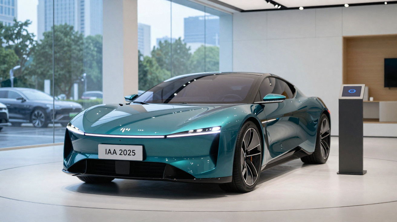 Carro desportivo elétrico azul metálico exposto em sala moderna com grandes janelas e monitor digital.
