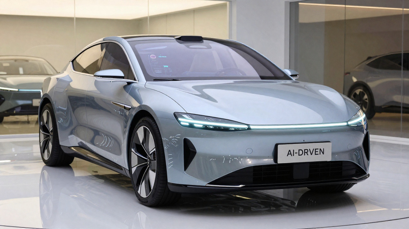 Carro elétrico autónomo prateado em exposição, com design aerodinâmico e luzes dianteiras modernas.