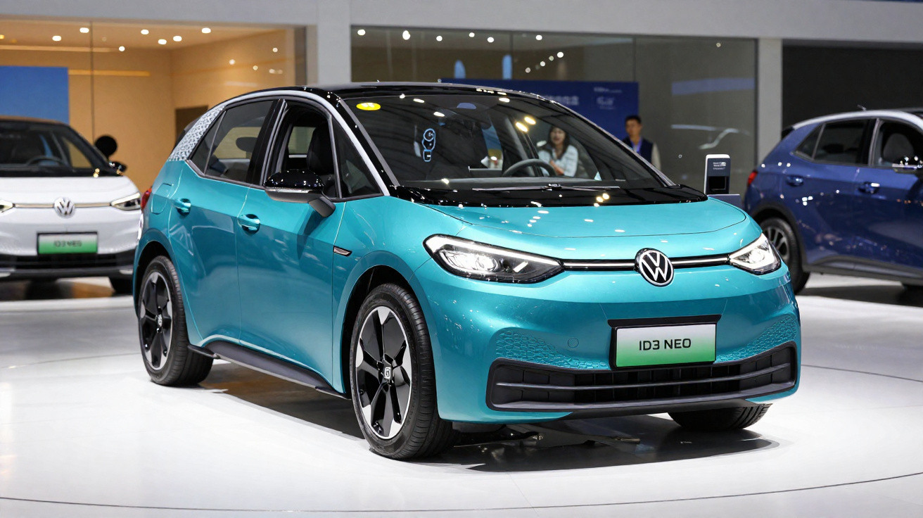Carro elétrico Volkswagen ID.3 Neo azul expos em salão automóvel moderno.