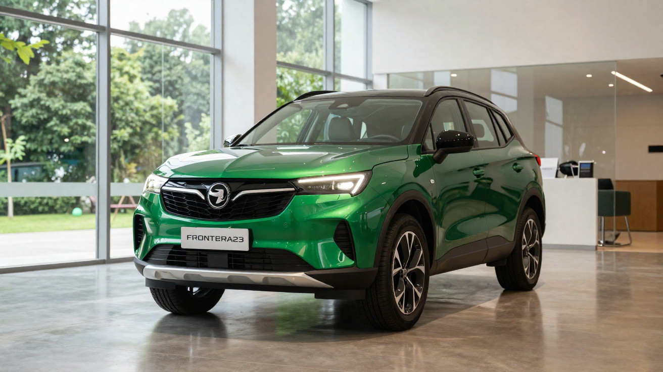 SUV Opel Frontera 2023 verde apresentado num showroom moderno com janelas amplas e chão de cimento polido.