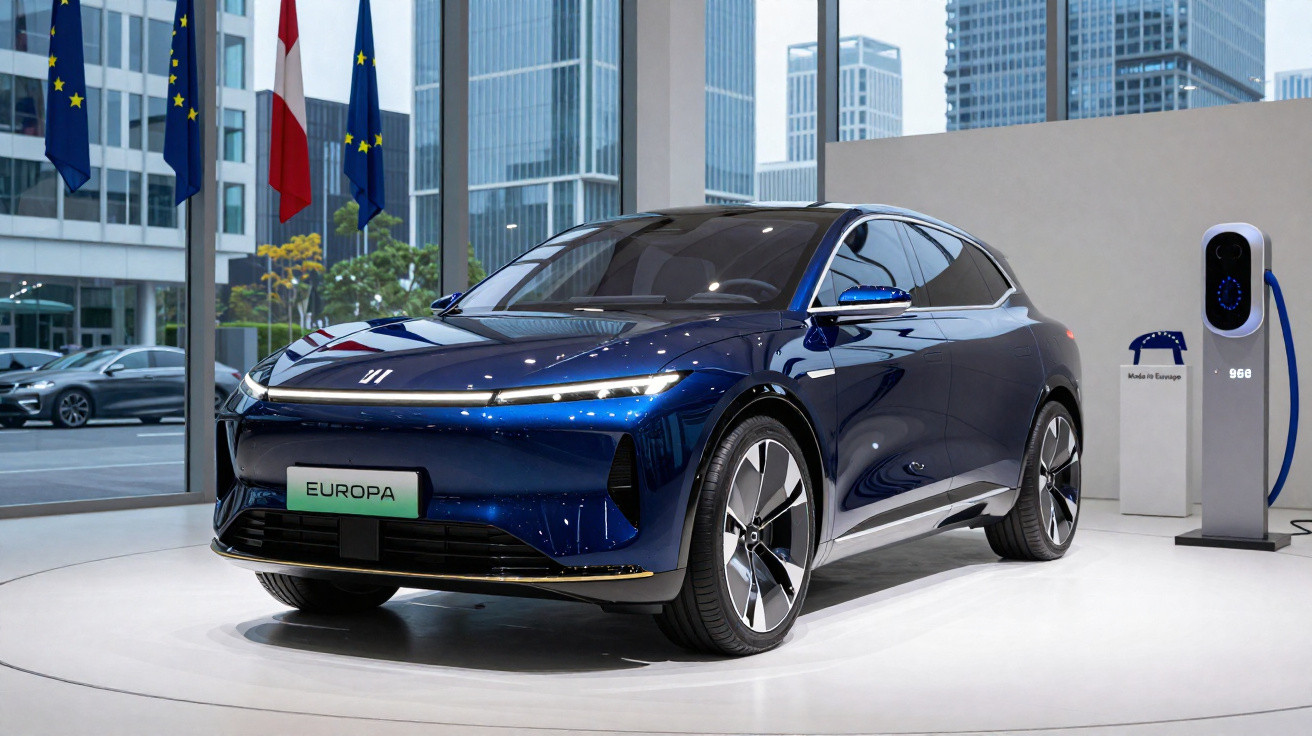Carro elétrico azul escuro em exposição, com estação de carregamento e edifícios modernos ao fundo.