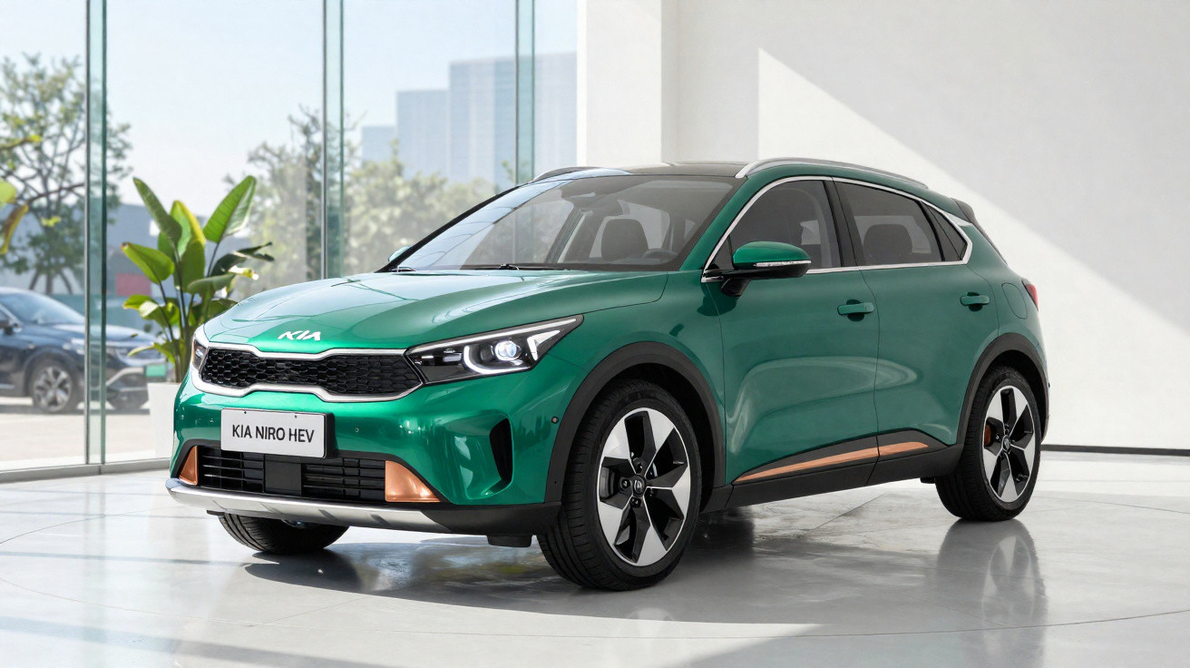 Carro Kia Niro HEV verde estacionado em showroom moderno com janelas amplas e plantas decorativas.