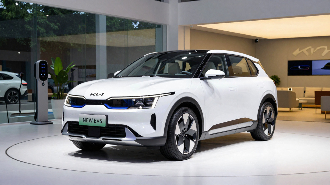 Carro elétrico branco Kia New EV5 estacionado em exposição moderna com carregador ao fundo.