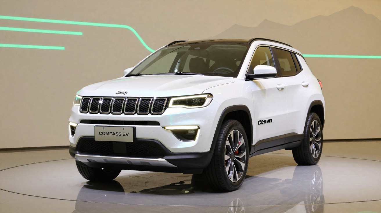 Jeep Compass EV branco exibido numa plataforma circular num salão automóvel.
