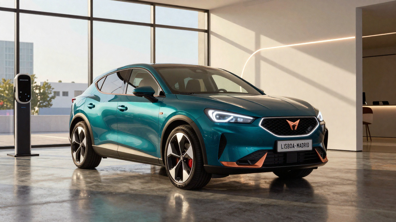 Carro elétrico verde azul estacionado em garagem moderna com carregador elétrico ao lado.