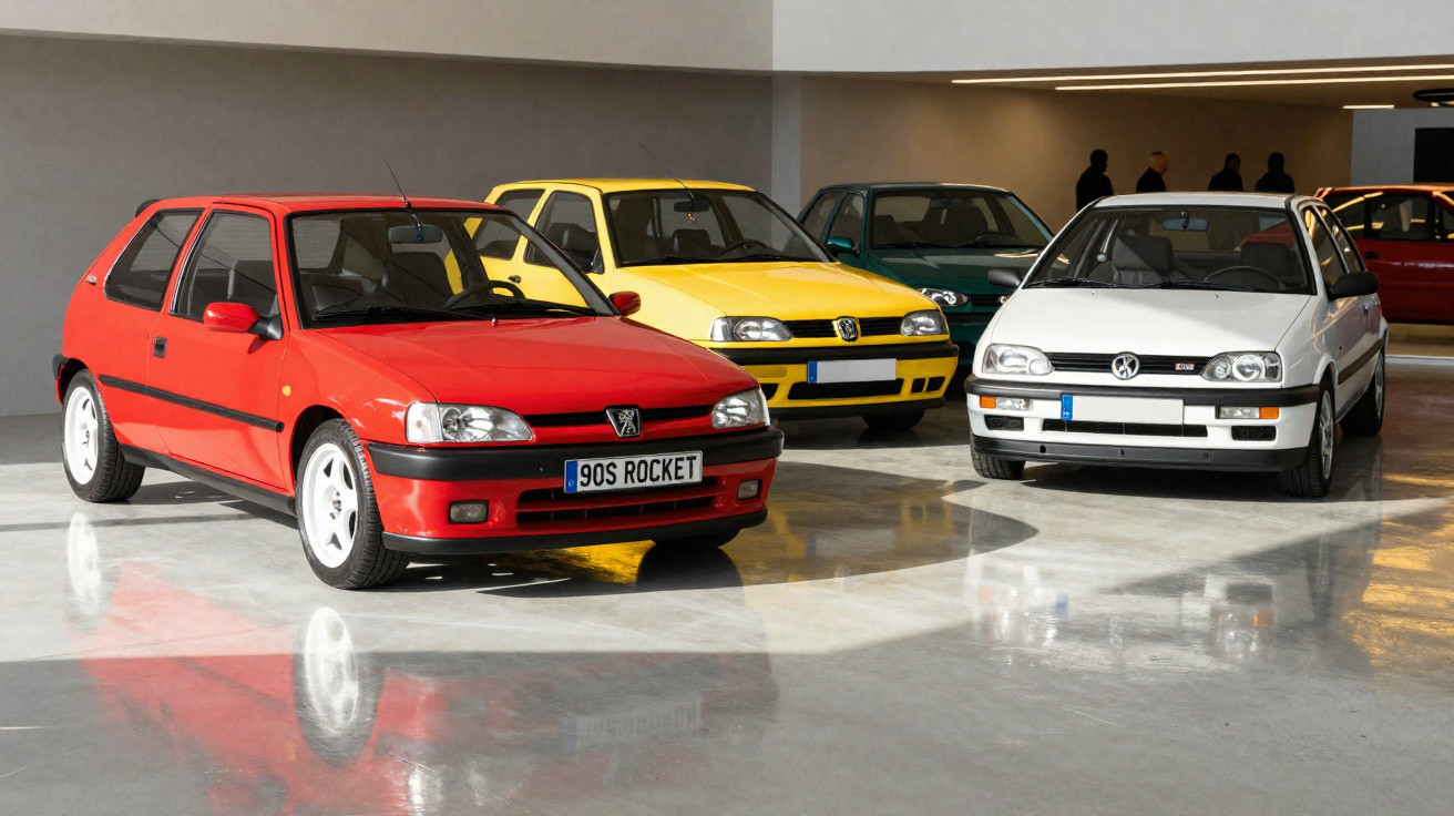Quatro carros compactos clássicos estacionados, em cores vermelha, amarela, verde e branca, num espaço interior iluminado.