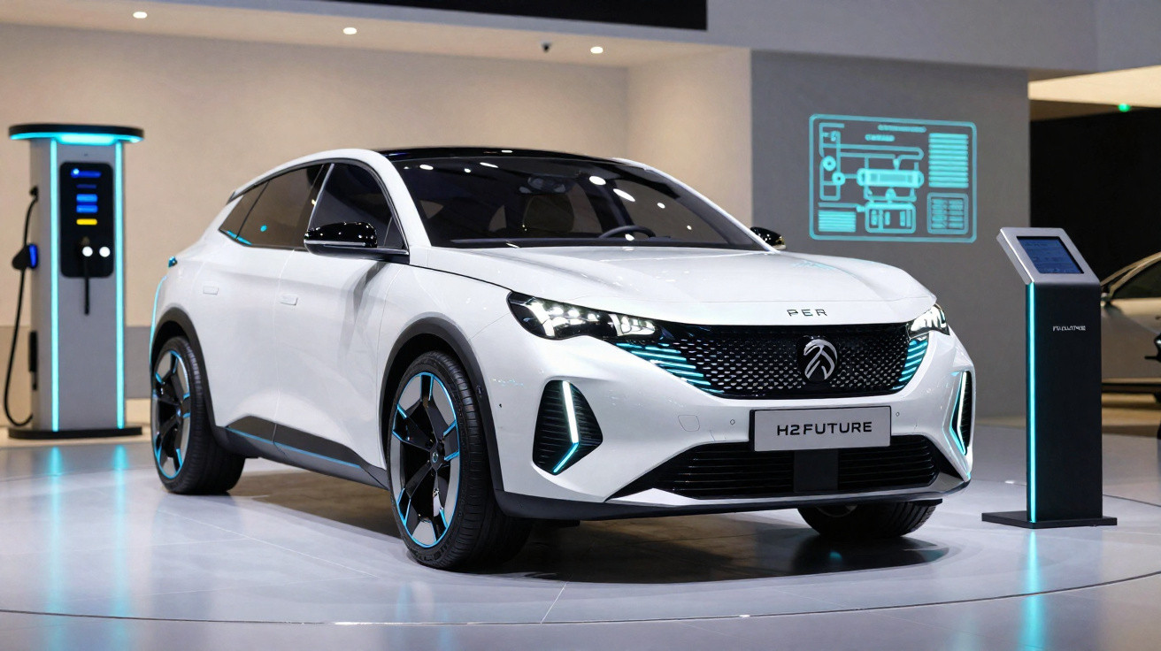Carro elétrico branco H2 Future exposto, com carregador e monitor digital ao fundo em ambiente moderno.