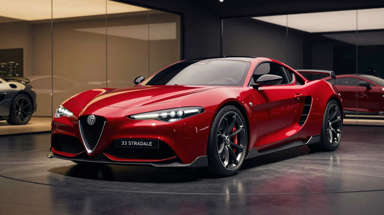 Carro desportivo Alfa Romeo 33 Stradale vermelho em exposição com luzes refletidas no capot.