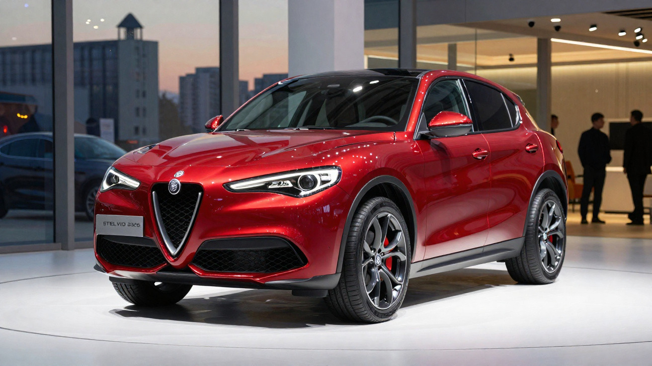 Carro SUV Alfa Romeo Stelvio vermelho em exposição numa sala moderna e bem iluminada.