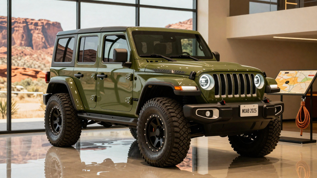 Jeep Wrangler verde exército com quatro portas em exposição interior com janelas amplas e vista de deserto.