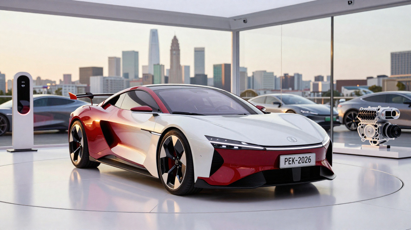 Carro desportivo elétrico branco e vermelho exibido numa sala moderna com vista para a cidade ao pôr do sol.