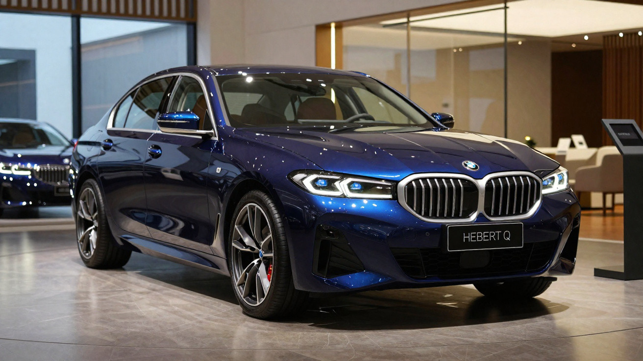 Carro BMW sedan azul escuro exibido numa sala de exposição moderna com iluminação suave.