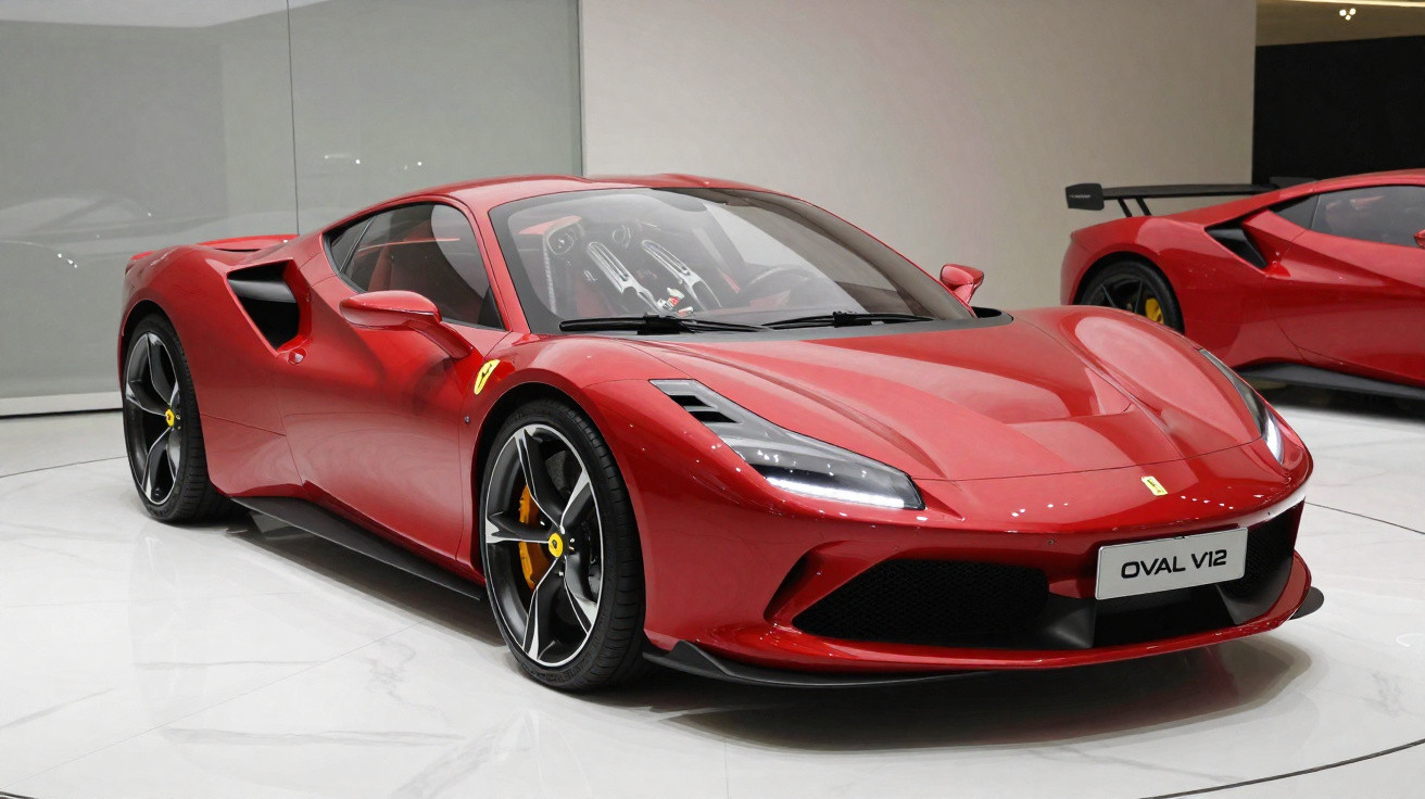 Carro desportivo deslumbrante vermelho com design aerodinâmico exposto em sala moderna.