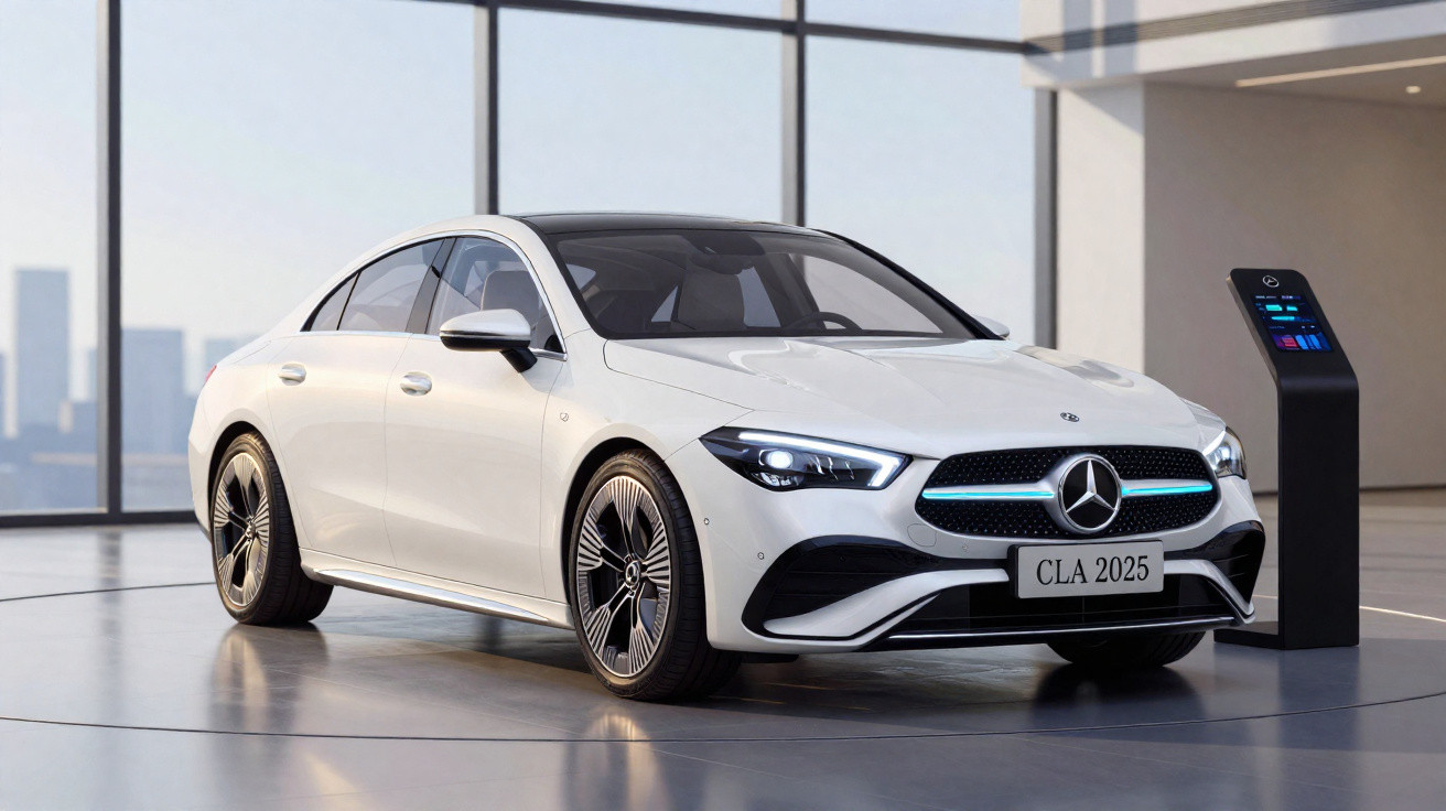 Carro elétrico Mercedes-Benz CLA 2025 branco estacionado dentro com carregador ao lado.