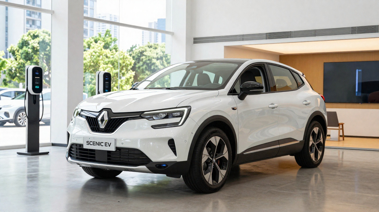 Carro elétrico Renault Scenic EV branco estacionado em showroom moderno com estações de carregamento.