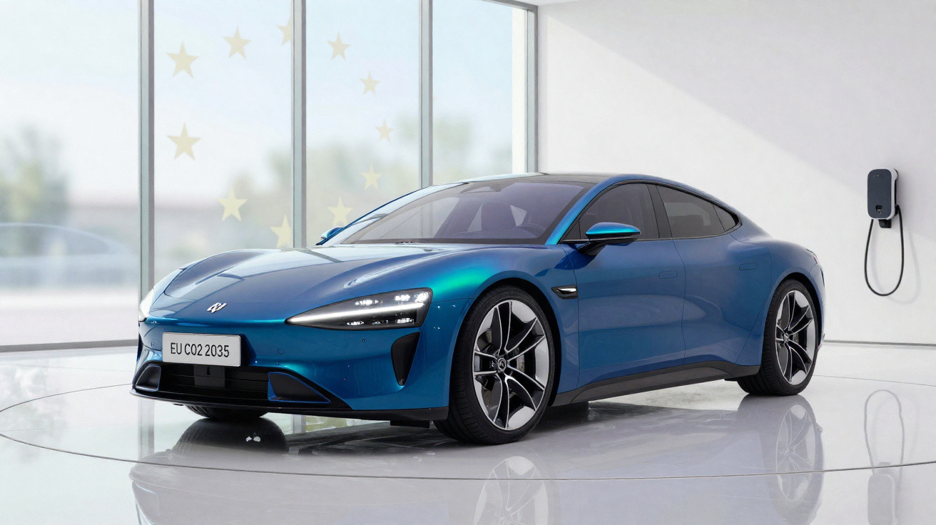 Carro elétrico azul estacionado em espaço moderno com carregador elétrico na parede branca.
