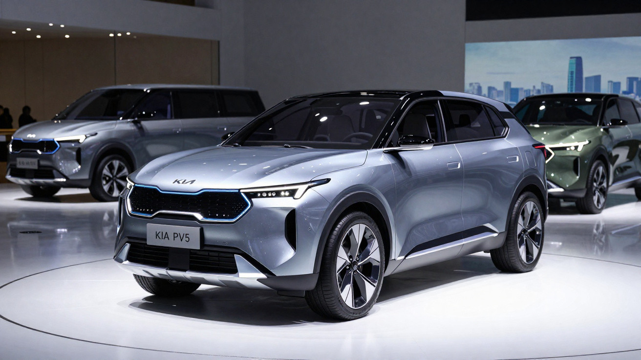 Carro elétrico Kia EV5 cinza num salão automóvel com outros veículos ao fundo.