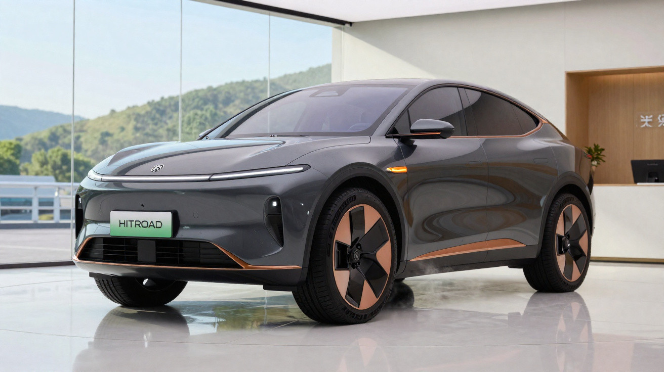 Carro elétrico cinza escuro com detalhes cobre, linhas aerodinâmicas e faróis finos, em ambiente interior moderno.