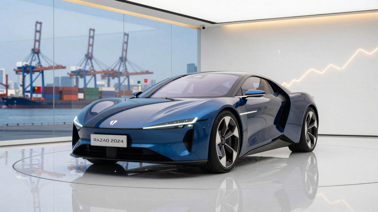 Carro desportivo elétrico azul Razao 2024 exibido num espaço moderno com vista para contentores portuários.