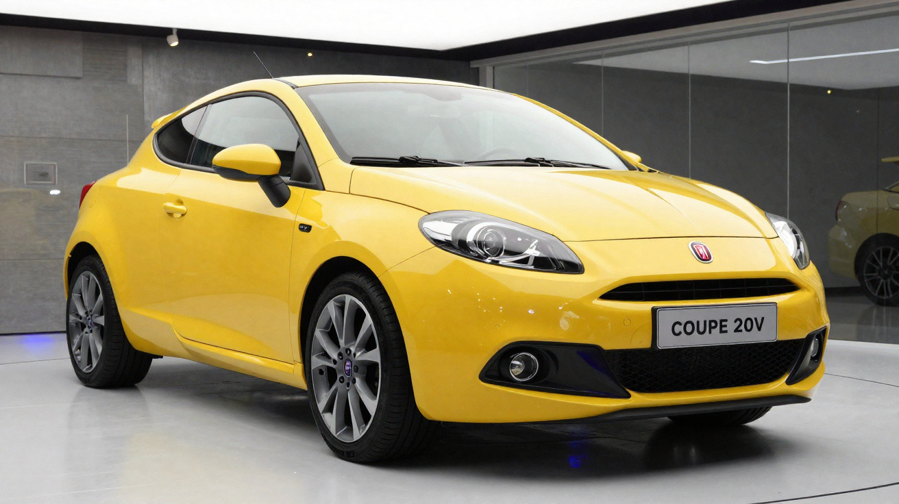 Carro desportivo amarelo Fiat coupe 20V estacionado em espaço interior moderno.