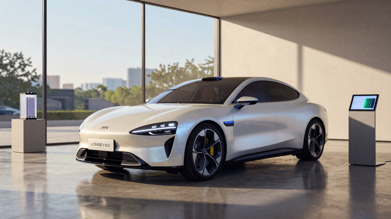 Carro elétrico branco estacionado em sala moderna com janelas grandes e equipamento de carregamento ao lado.