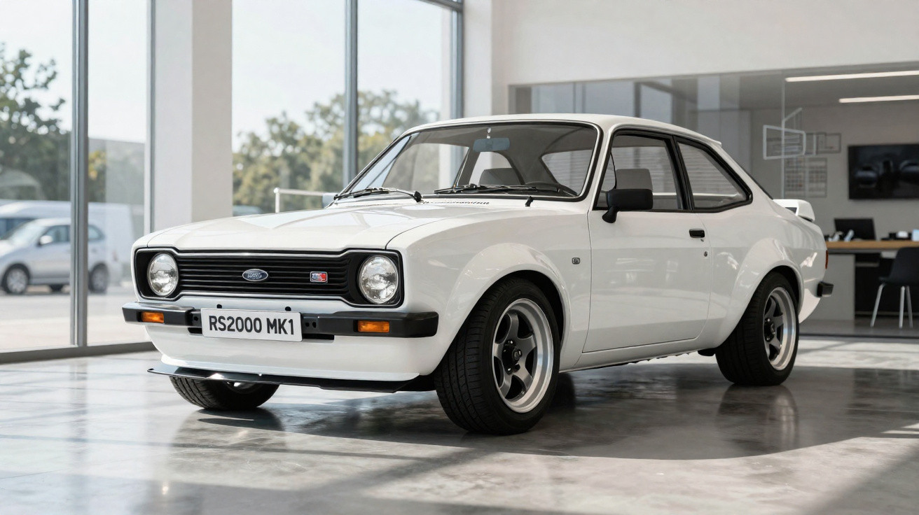 Carro clássico Ford Escort RS2000 MK1 branco exposto no interior de um edifício moderno.