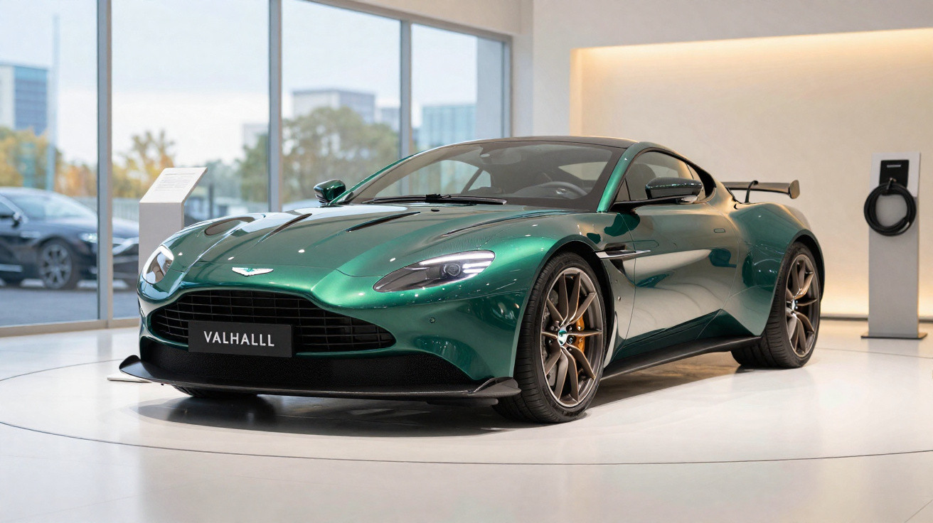 Carro desportivo Aston Martin Valhalla verde exibido numa sala de exposição moderna e iluminada.