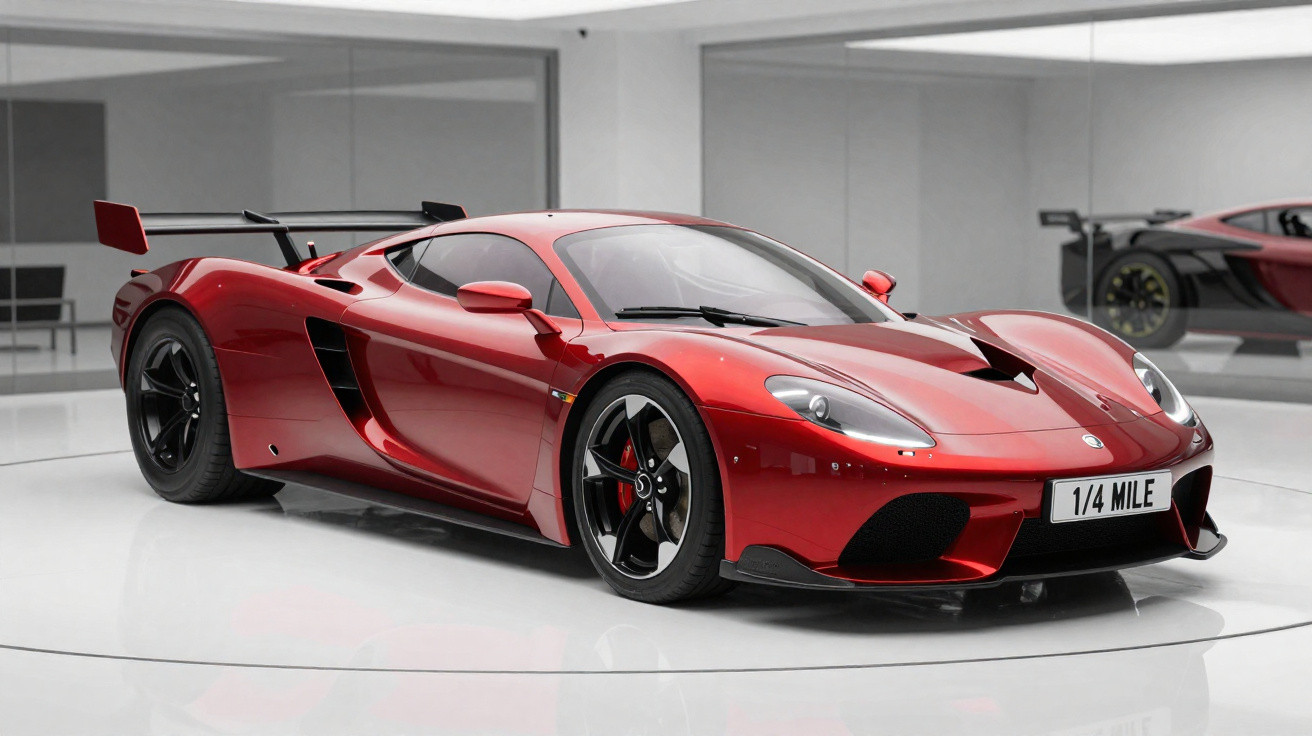 Carro desportivo vermelho com spoiler traseiro e design aerodinâmico em exposição interior moderna.