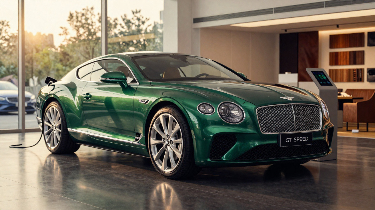Carro eléctrico de luxo verde Bentley GT Speed estacionado e a carregar numa garagem moderna.