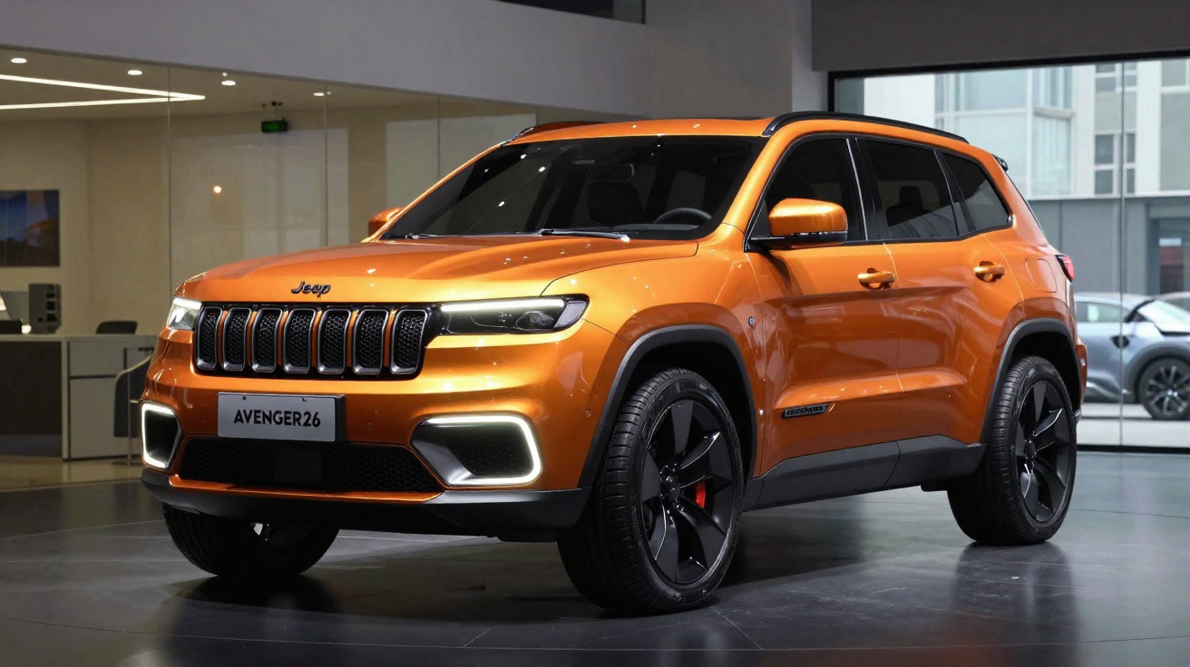 SUV Jeep Avenger26 laranja metálico em exposição num salão automóvel, com jantes negras.