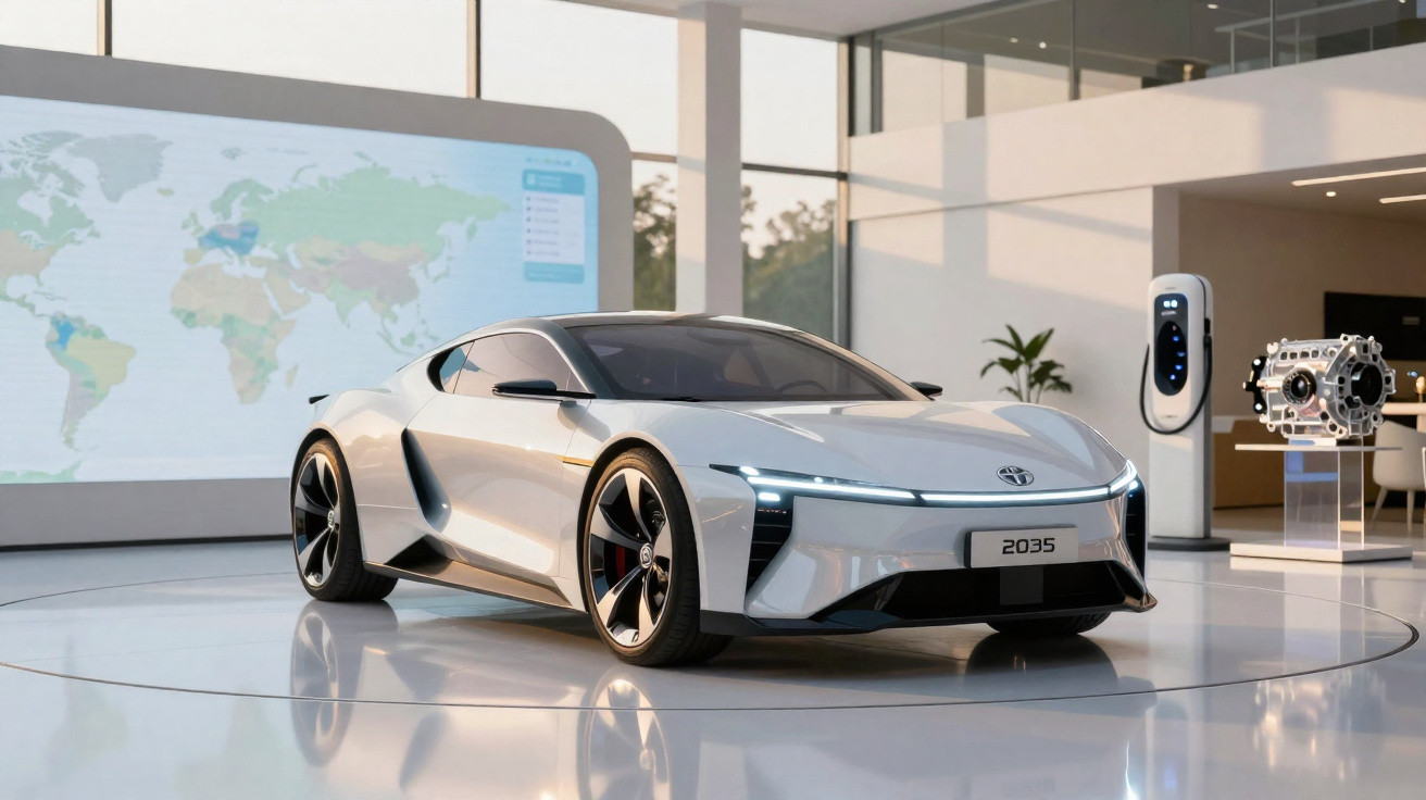 Carro elétrico futurista branco exposto em salão moderno com carregador e mapa mundi ao fundo.
