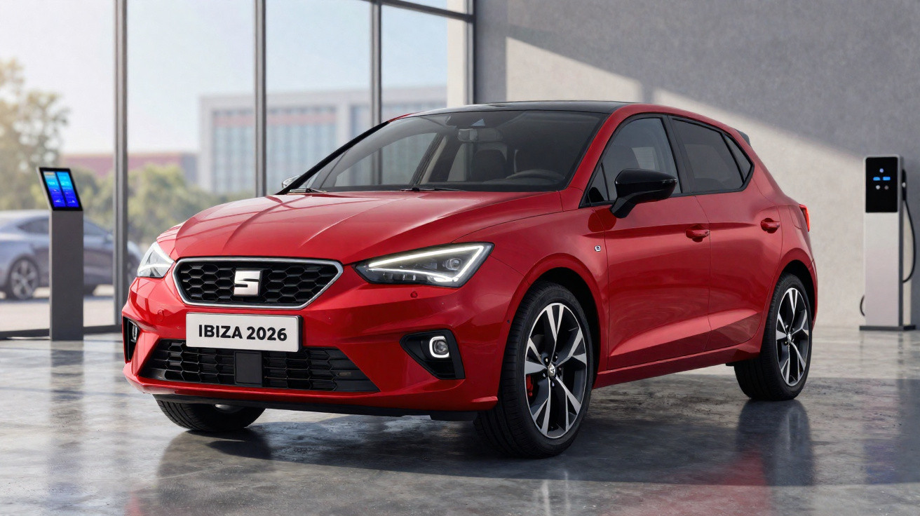 Carro Seat Ibiza 2026 vermelho parqueado numa garagem moderna com vidros grandes.