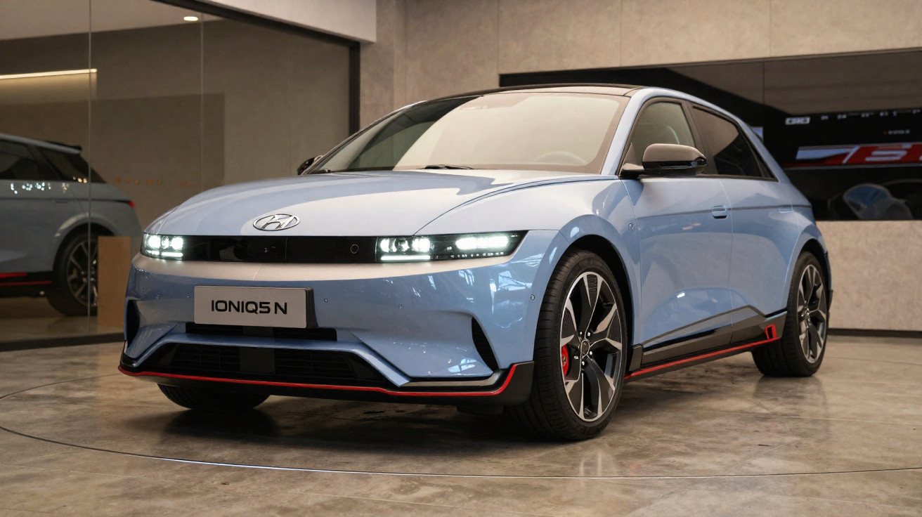 Hyundai Ioniq 5 N azul num showroom, vista frontal lateral com faróis ligados.