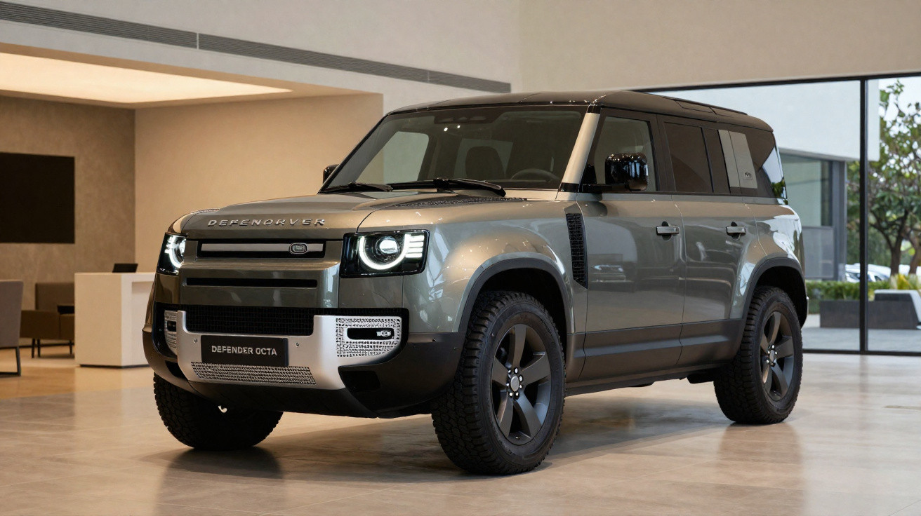 SUV Land Rover Defender Octa cinzento estacionado em interior moderno com grandes janelas.