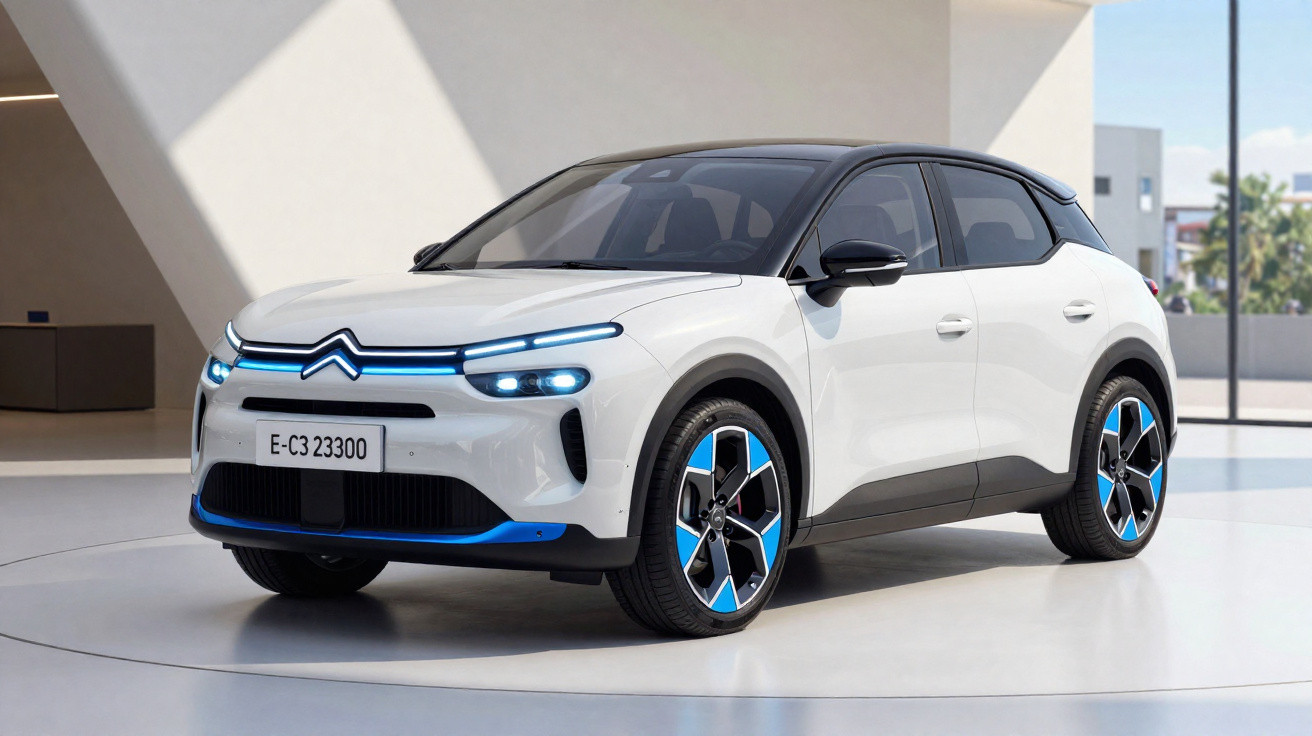 Automóvel Citroën elétrico branco com detalhes azuis apresentado em ambiente moderno e minimalista.