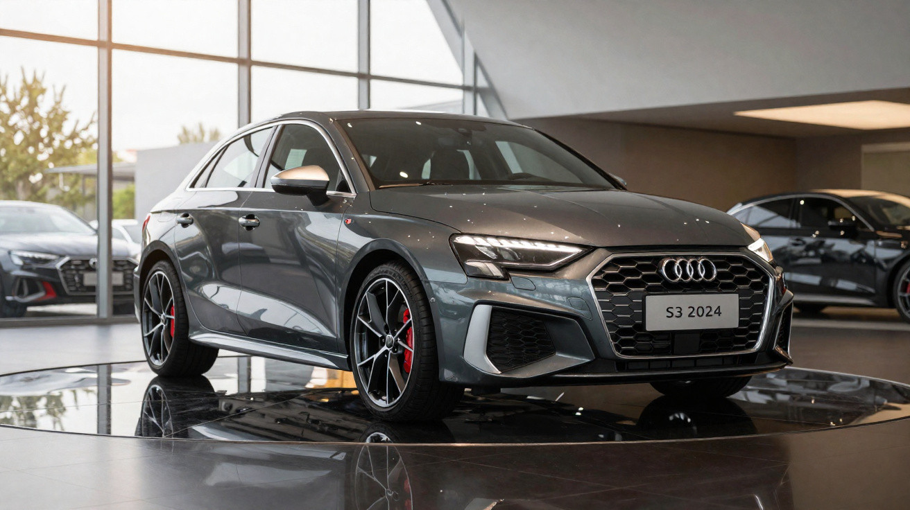 Audi S3 cinzento 2024 exposto em salão moderno com jantes pretas e pinças de travão vermelhas.