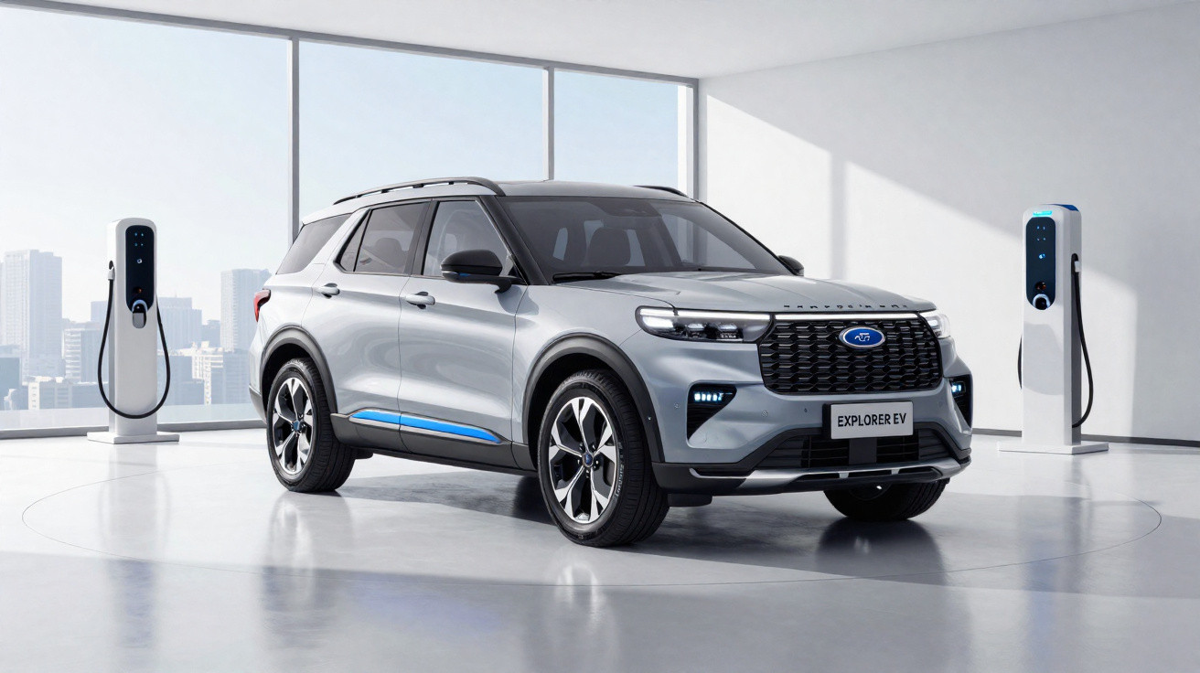 SUV elétrico cinza brilhante estacionado em sala branca com duas estações de carregamento elétrico ao lado.