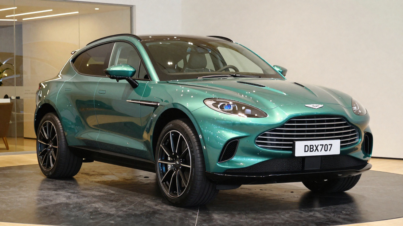 Carro desportivo SUV Aston Martin verde metalizado estacionado em interior moderno.