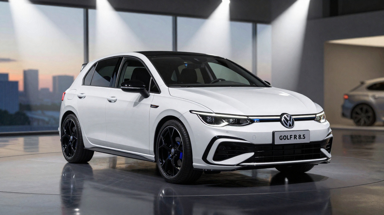 Carro branco Volkswagen Golf R 8.5 estacionado em espaço interior moderno com luzes diretas.