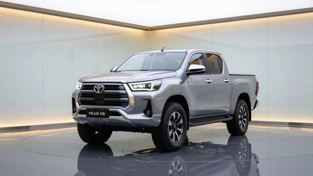 Pick-up Toyota Hilux H2 prata, apresentada num espaço interior minimalista com luz ambiente.