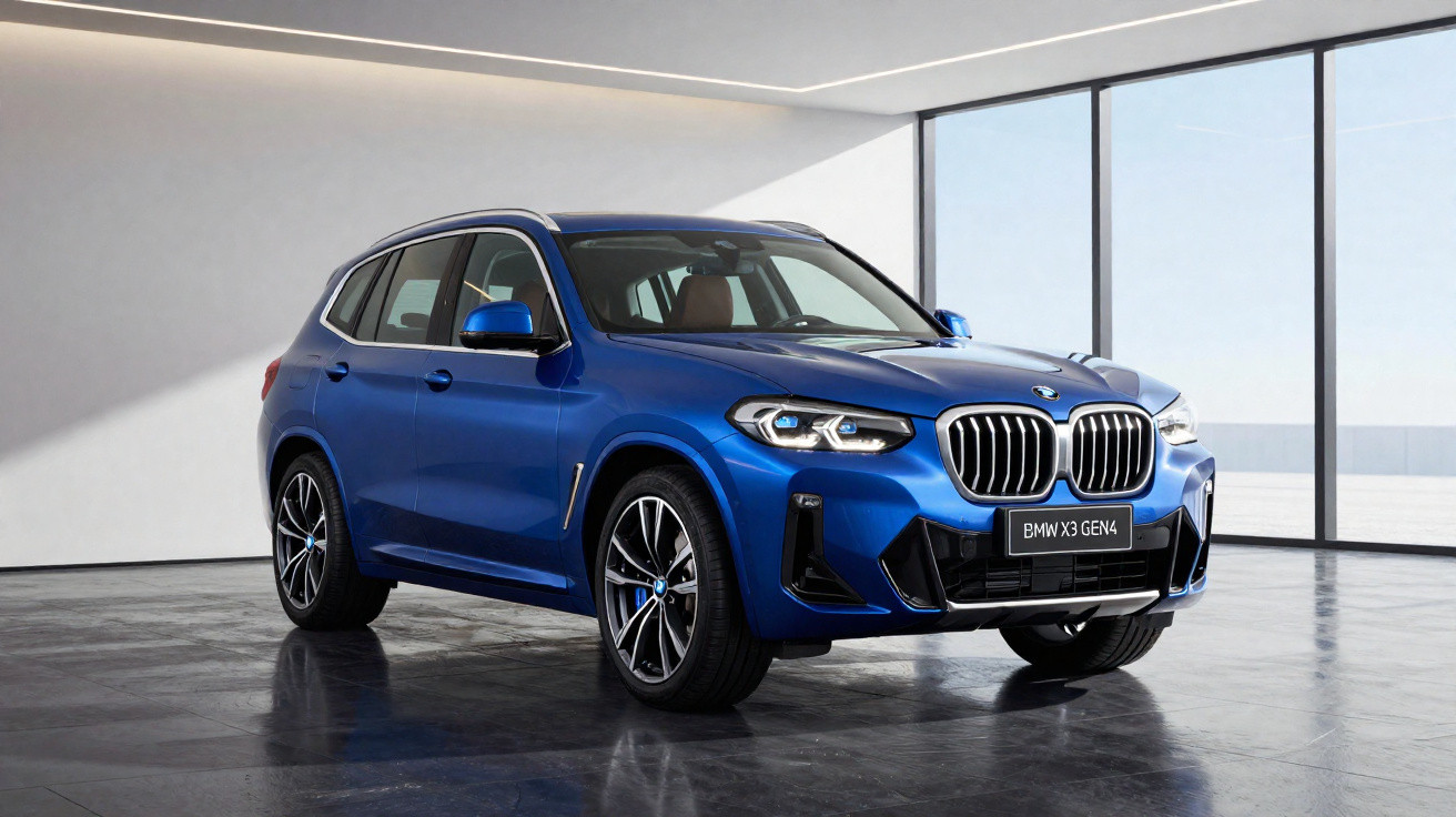 Automóvel BMW X3 GEN4 azul estacionado dentro de espaço moderno com paredes brancas e janelas de vidro.