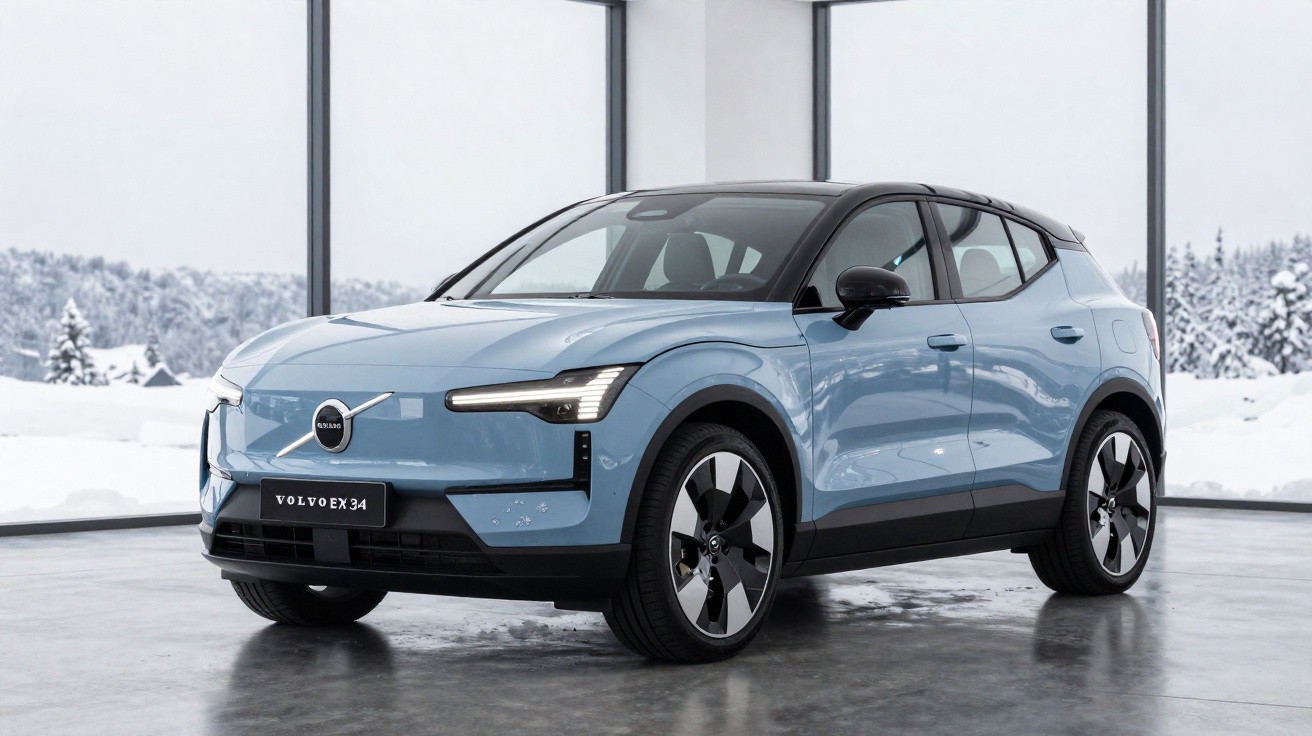 Carro SUV elétrico Volvo EX34 azul claro estacionado dentro de uma sala com grandes janelas e neve lá fora.