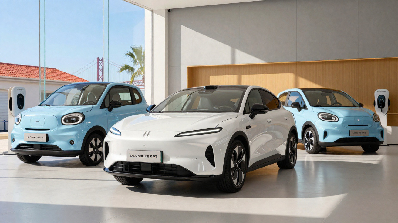 Três carros elétricos Leapmotor em exposição numa sala com janelas grandes e vista para uma ponte.