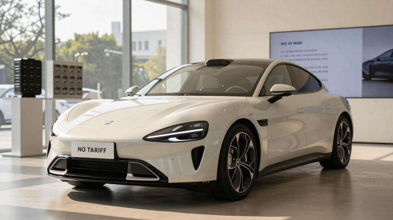 Carro elétrico branco moderno exposto num showroom com luz natural e chão brilhante.