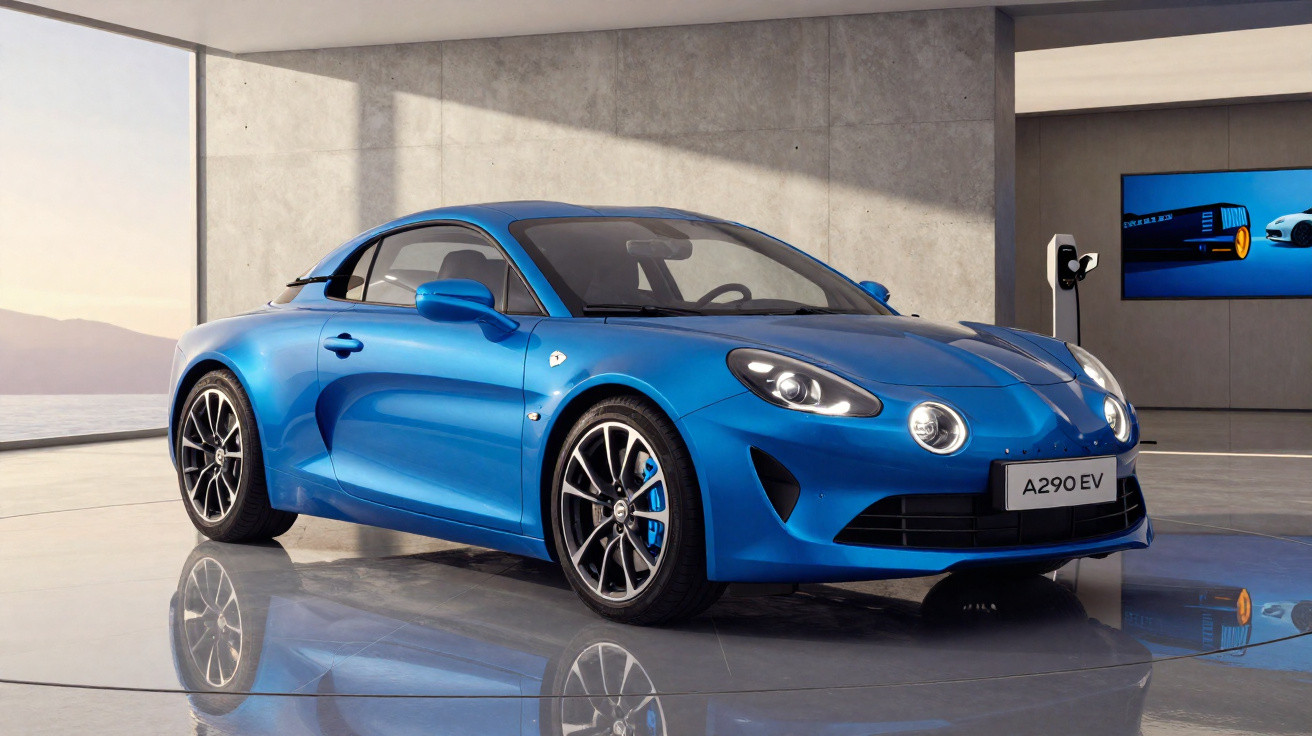 Carro desportivo azul elétrico Alpine A290 EV estacionado numa sala moderna com parede de betão.