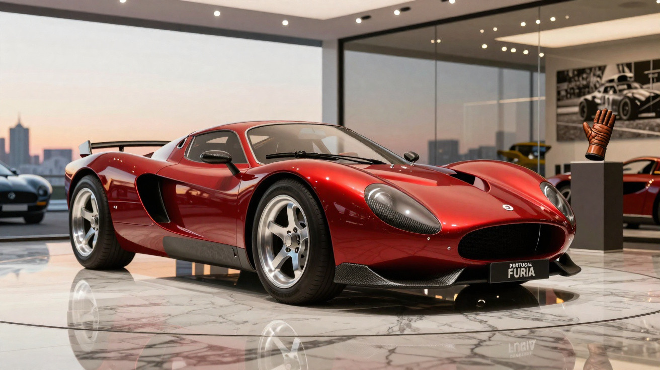 Carro desportivo vermelho brilhante com design clássico exposto em salão moderno com chão de mármore.